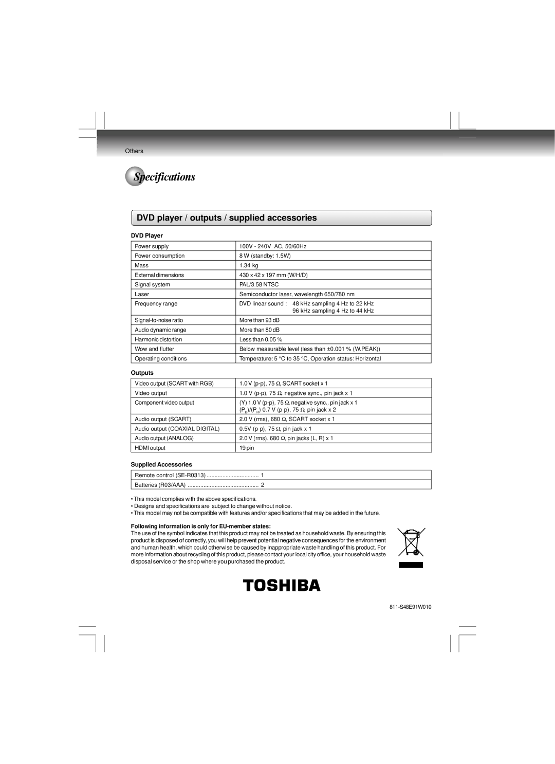 Toshiba SD-480EKE owner manual Specifications, DVD player / outputs / supplied accessories 