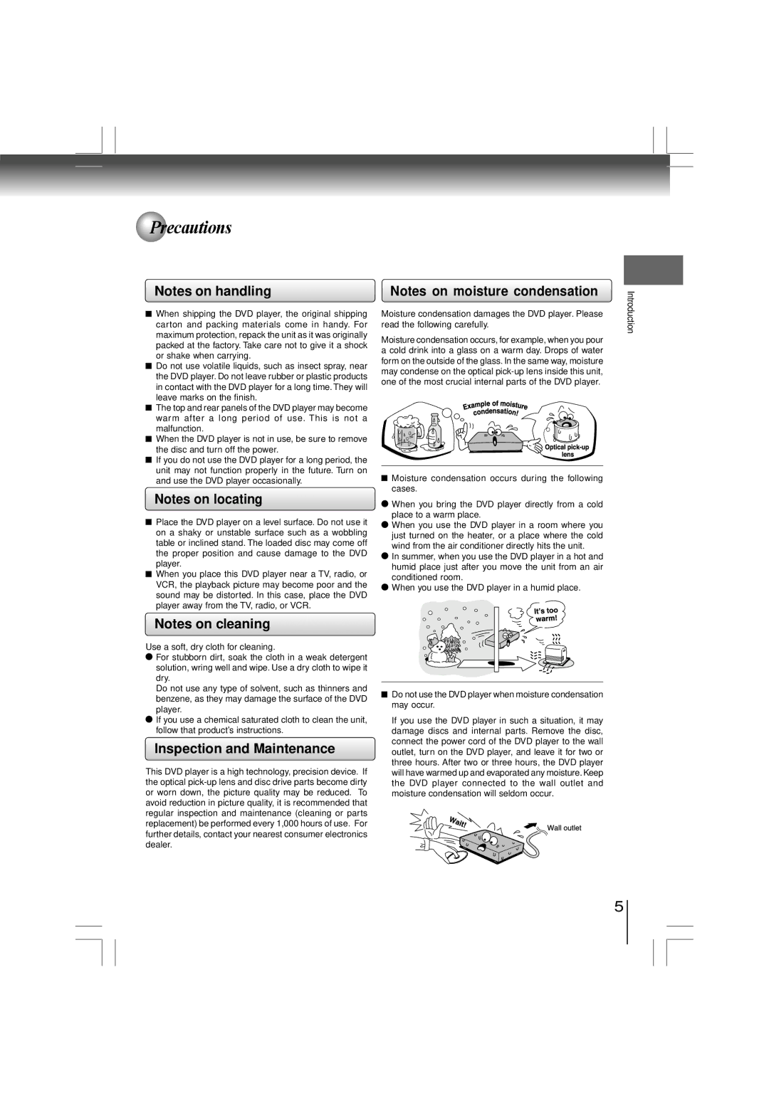 Toshiba SD-480EKE owner manual Precautions, Inspection and Maintenance 