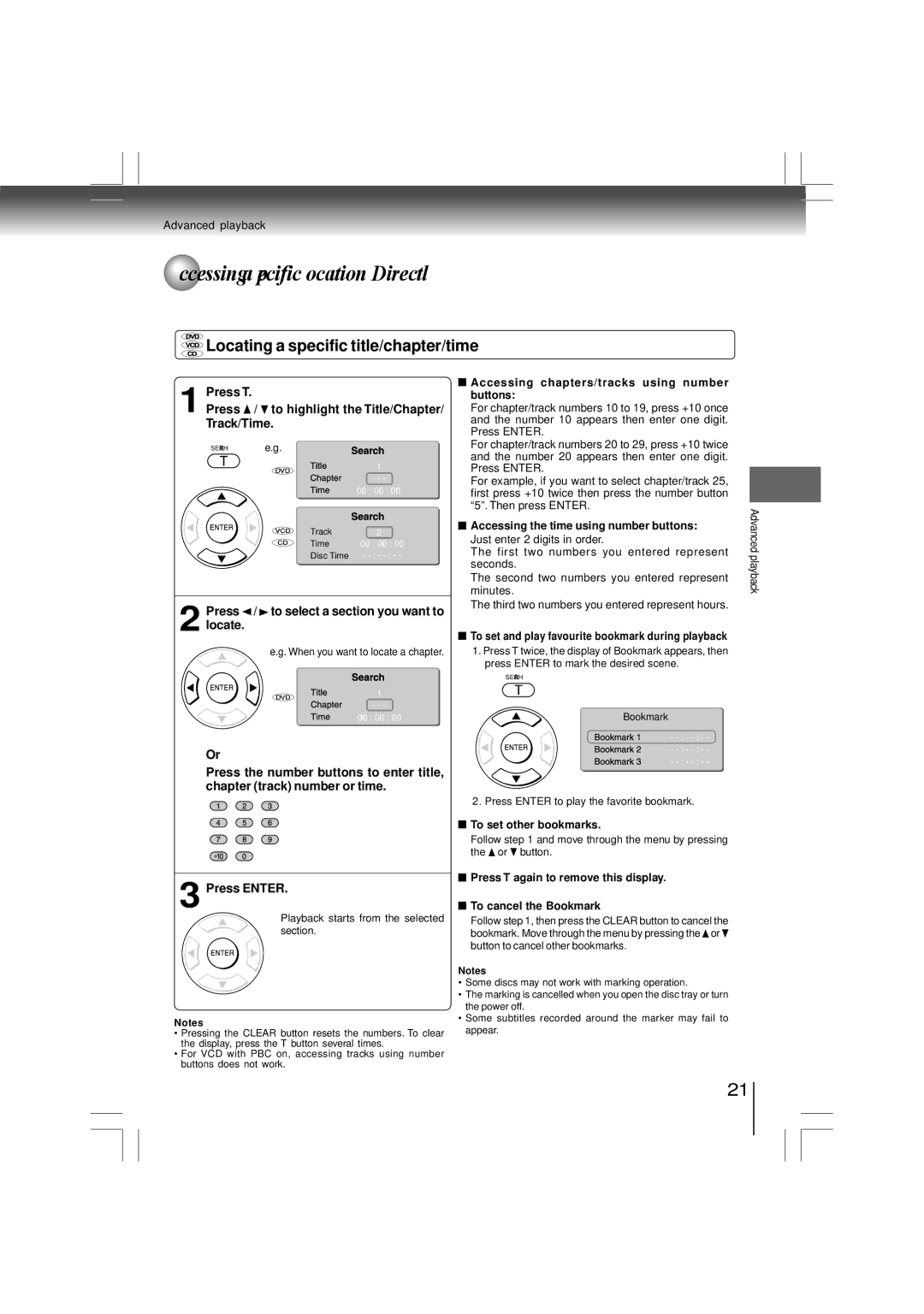 Toshiba SD-480EKE owner manual Accessing a Specific Location Directly, Locating a specific title/chapter/time 