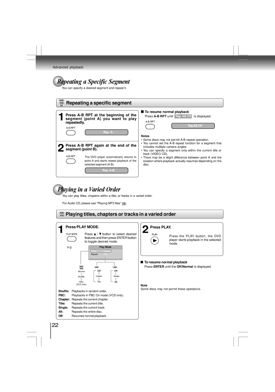 Toshiba SD-480EKE owner manual Playing in a Varied Order, Repeating a specific segment, Press Play Mode 