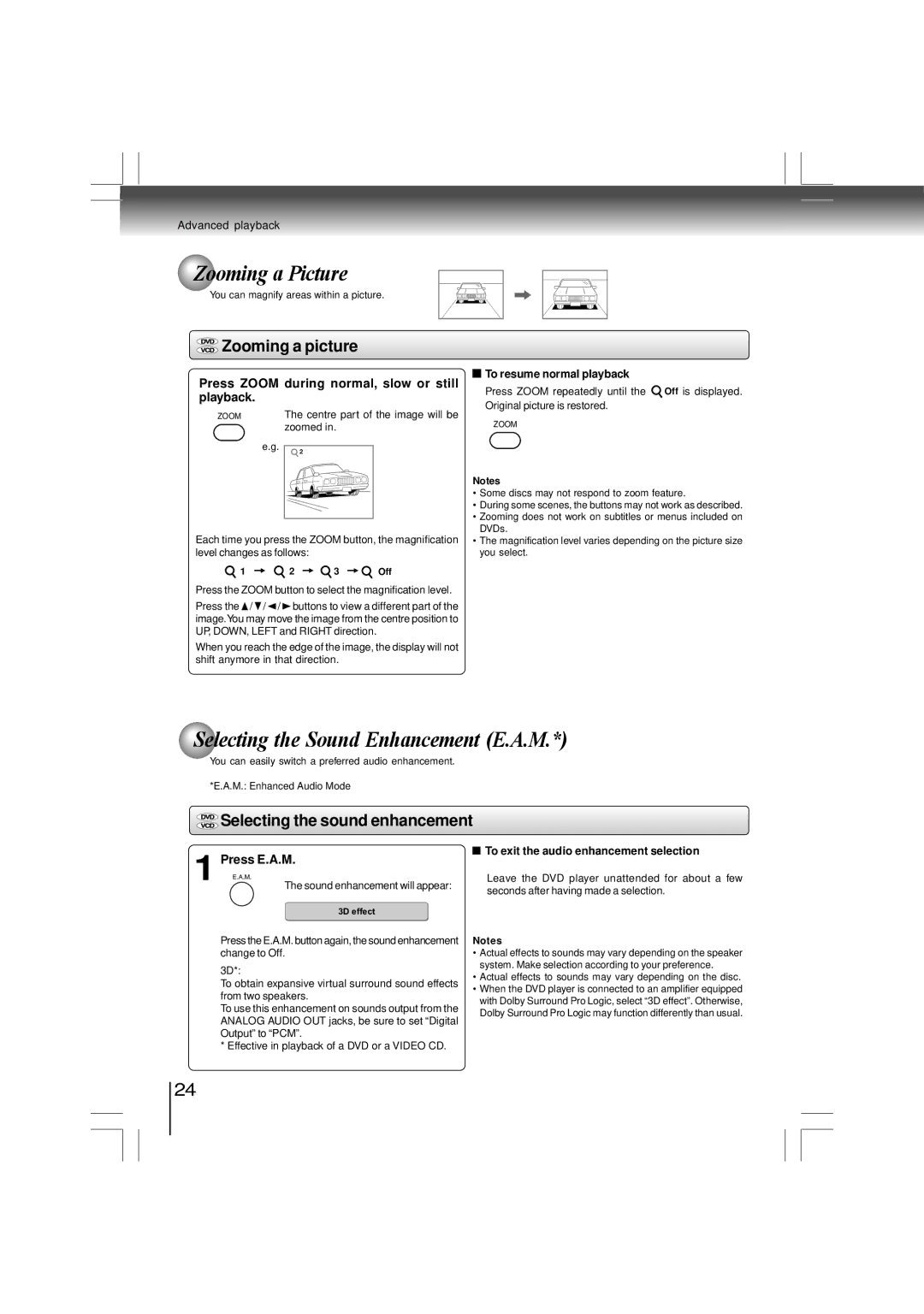 Toshiba SD-480EKE owner manual Zooming a Picture, Selecting the Sound Enhancement E.A.M, Zooming a picture 