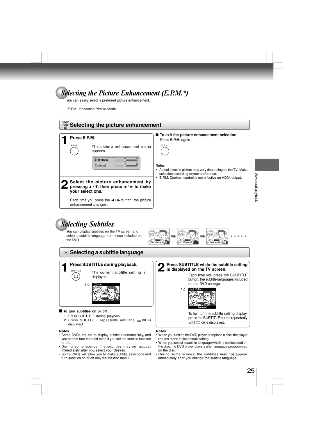 Toshiba SD-480EKE Selecting the Picture Enhancement E.P.M, Selecting Subtitles, Selecting the picture enhancement 