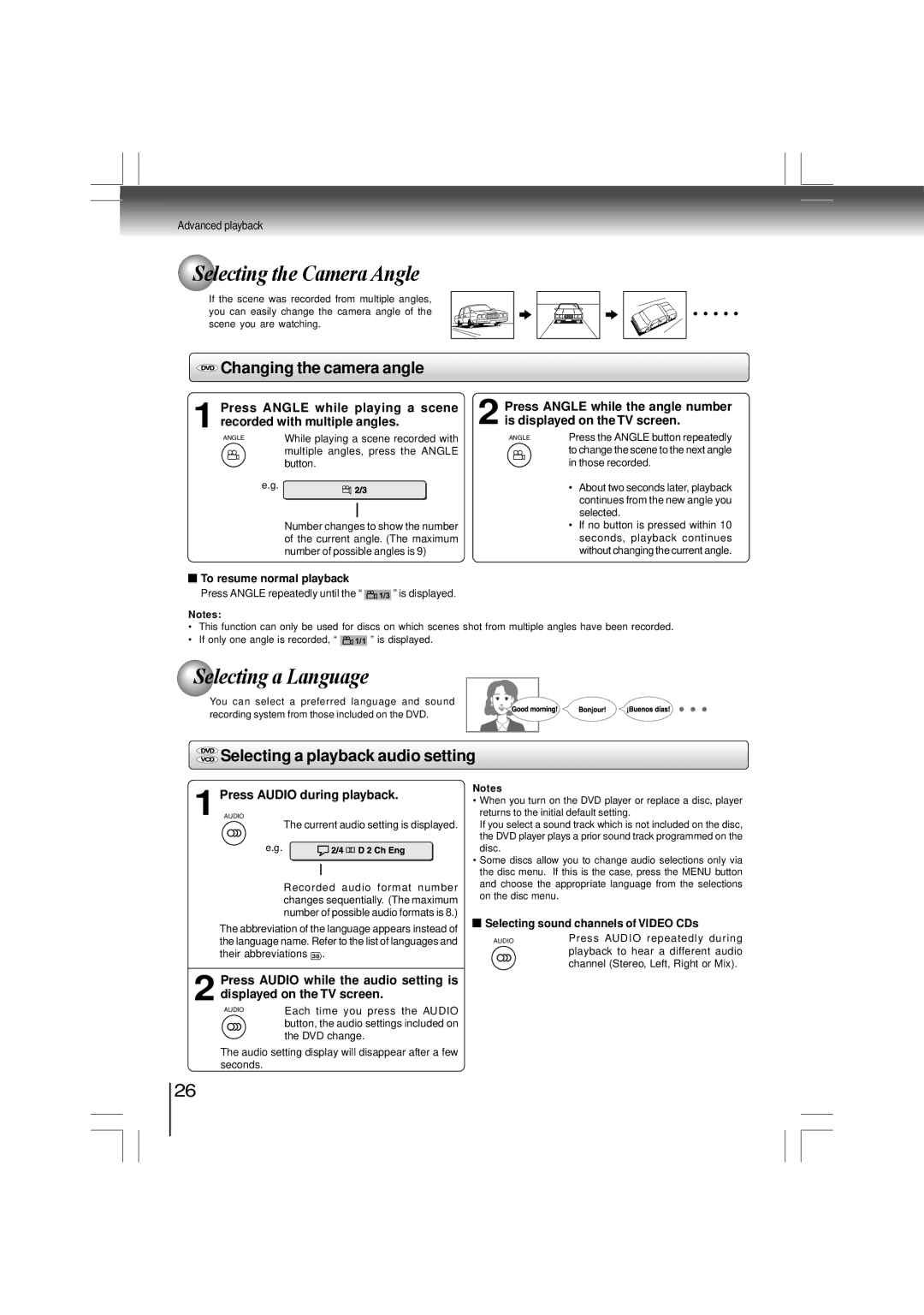 Toshiba SD-480EKE owner manual Selecting the Camera Angle, Selecting a Language, Changing the camera angle 