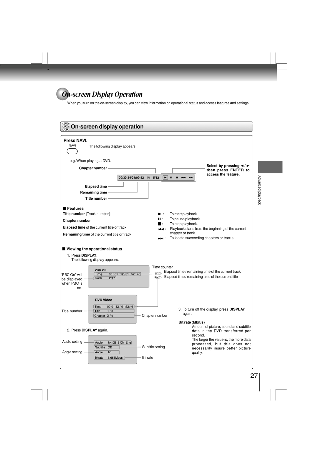 Toshiba SD-480EKE owner manual On-screen Display Operation, On-screen display operation, Press Navi 