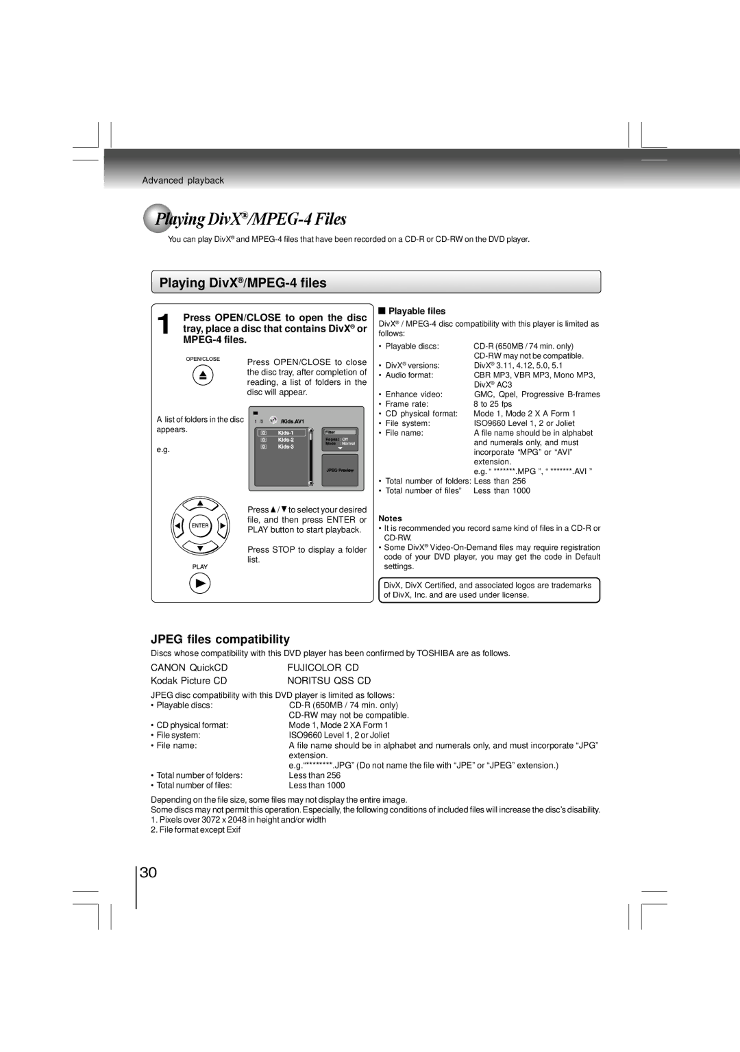 Toshiba SD-480EKE owner manual Playing DivX/MPEG-4 Files, Playing DivX /MPEG-4 files 