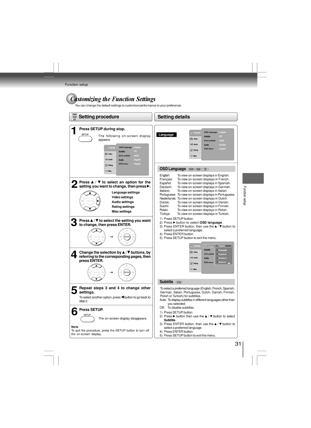 Toshiba SD-480EKE Customizing the Function Settings, Setting procedure, Setting details, OSD Language, Subtitle DVD 