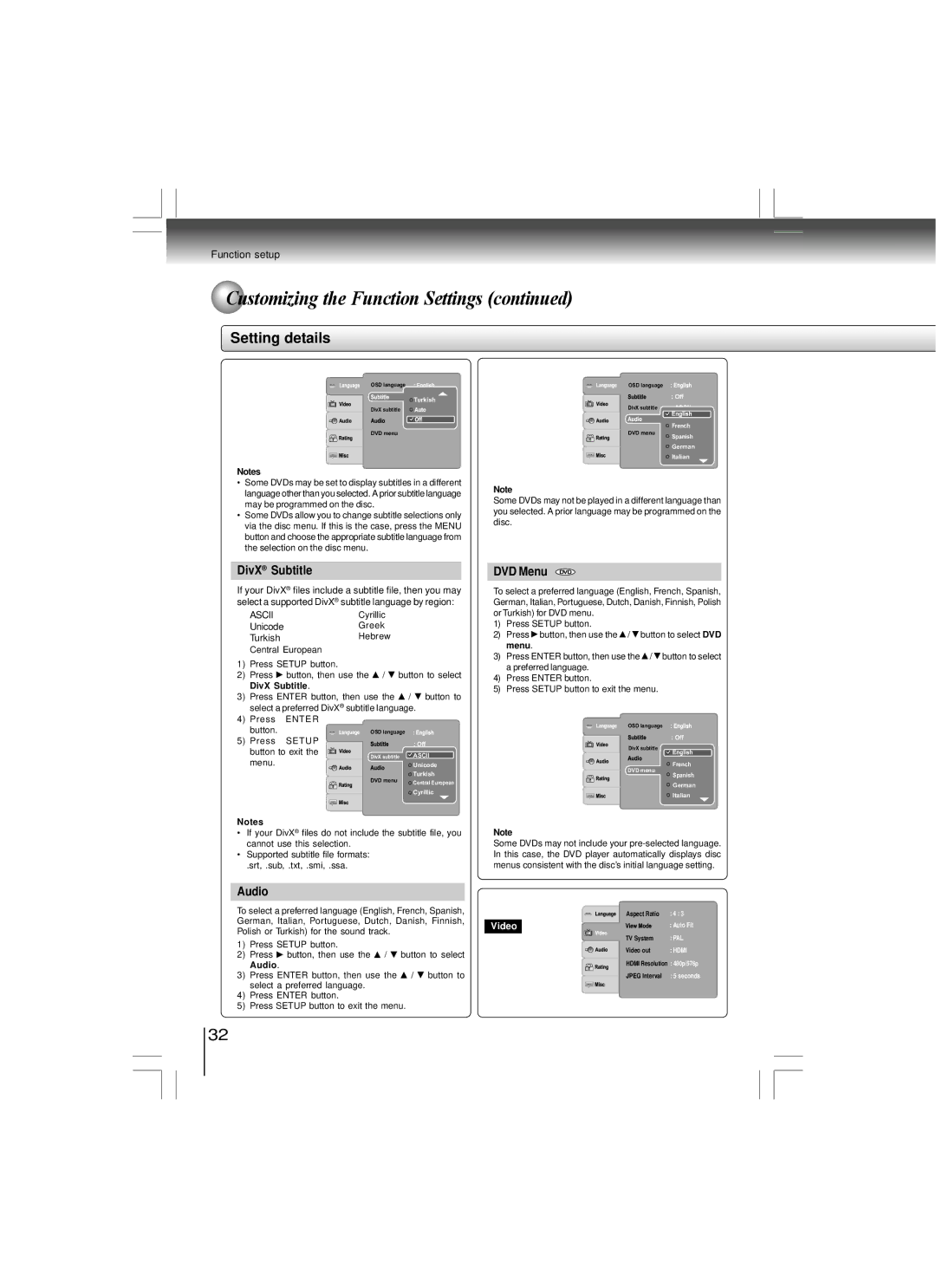 Toshiba SD-480EKE owner manual DivX Subtitle, DVD Menu DVD, Audio, Unicode, Turkish 