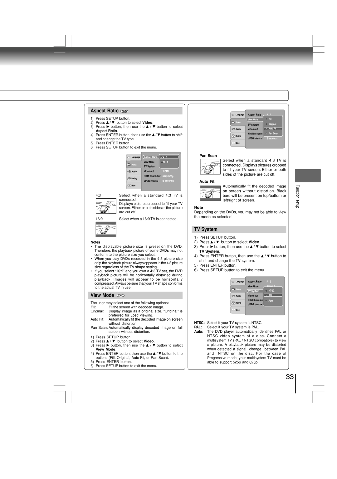 Toshiba SD-480EKE owner manual Aspect Ratio DVD, View Mode DVD, TV System 