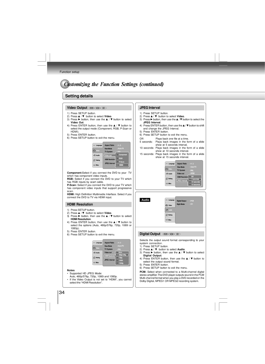 Toshiba SD-480EKE owner manual Video Output, Hdmi Resolution, Jpeg Interval, Digital Output 