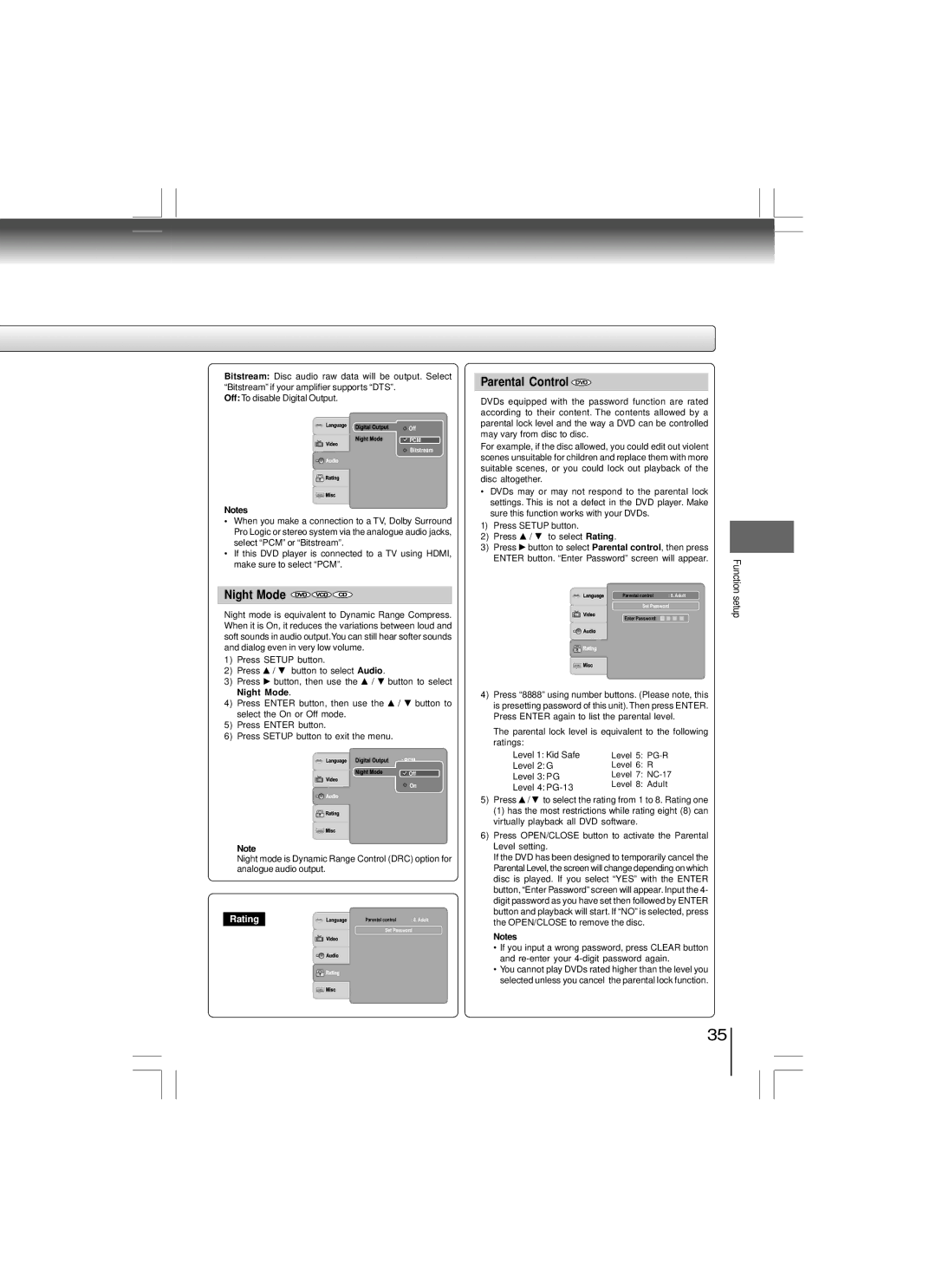 Toshiba SD-480EKE owner manual Night Mode, Parental Control DVD 