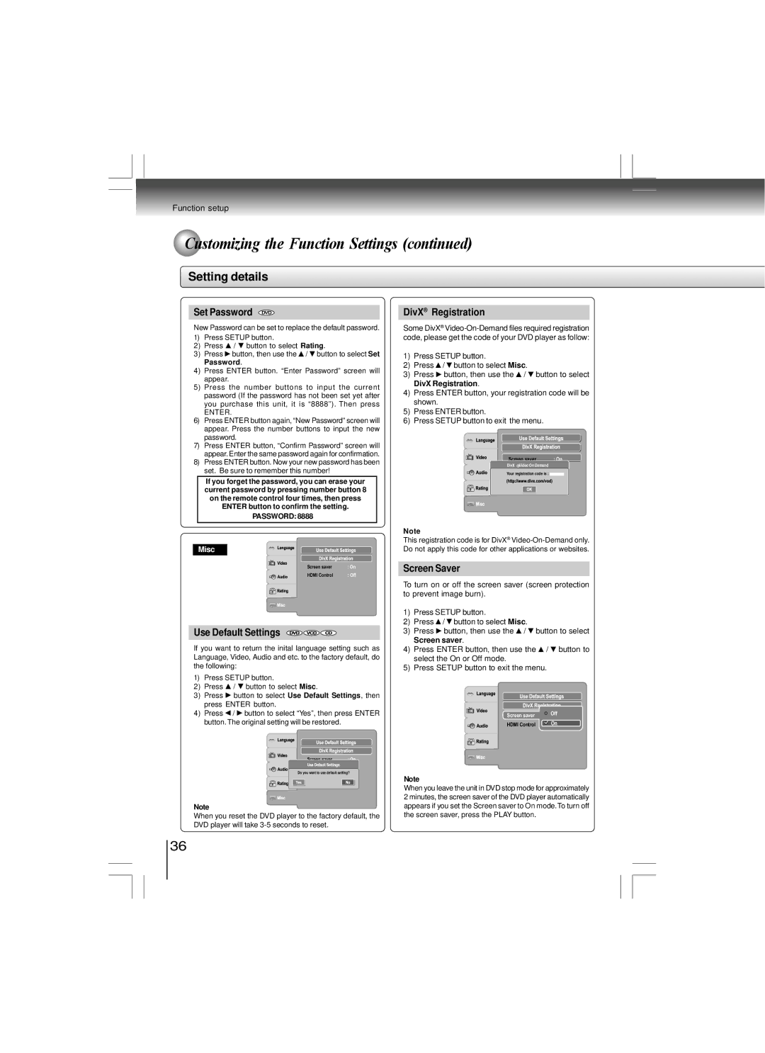 Toshiba SD-480EKE owner manual Set Password DVD, DivX Registration, Screen Saver Use Default Settings, Screen saver 