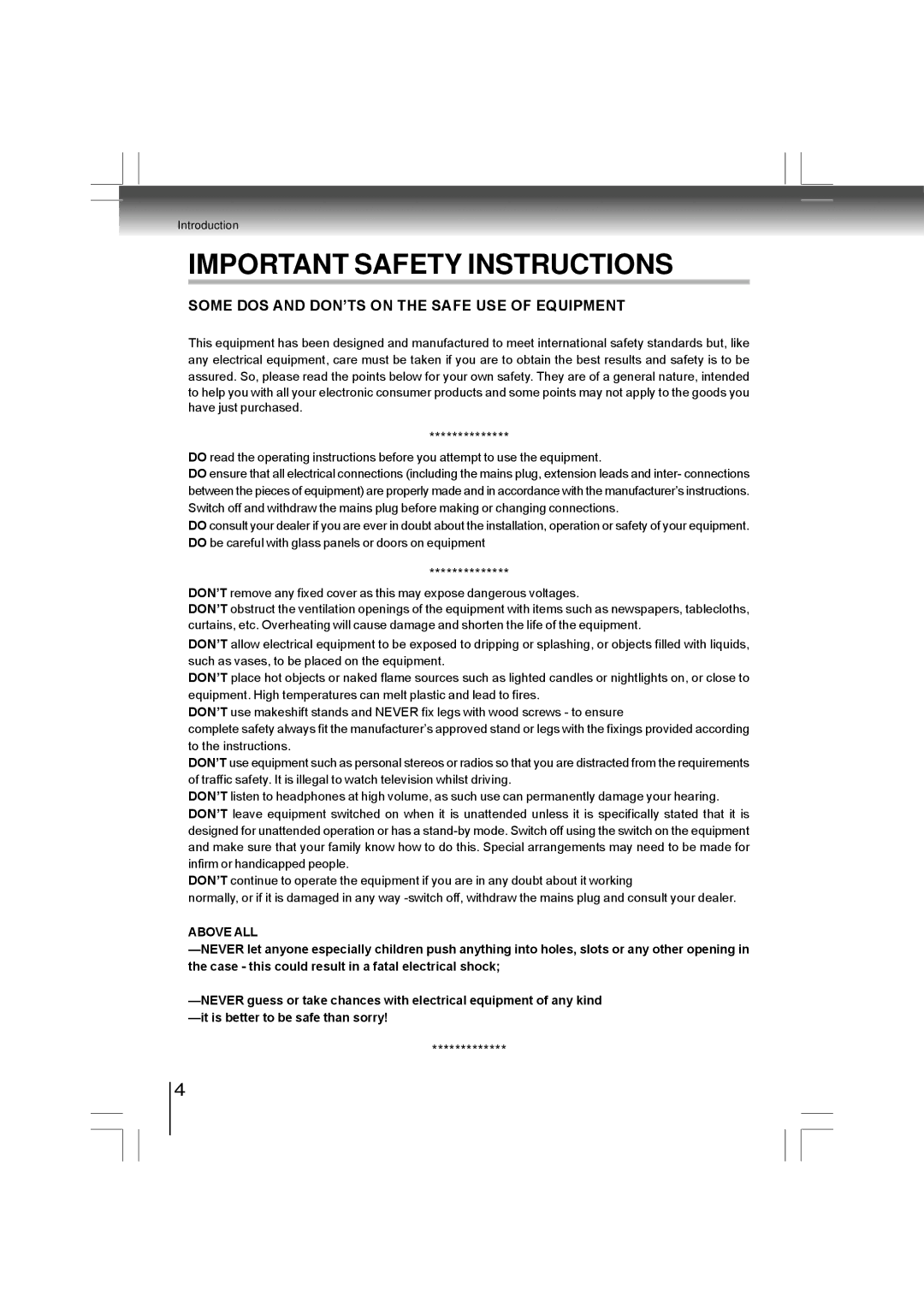 Toshiba SD-480EKE owner manual Some DOS and DON’TS on the Safe USE of Equipment 