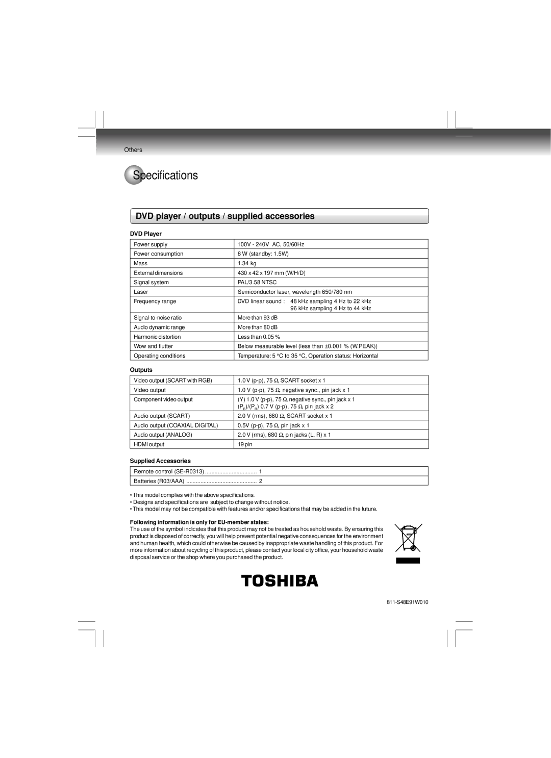 Toshiba SD-480EKE owner manual Specifications, DVD player / outputs / supplied accessories 