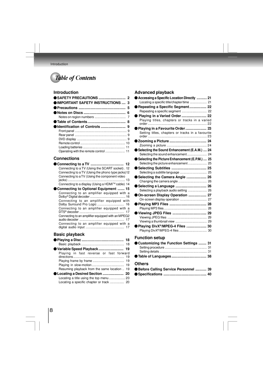 Toshiba SD-480EKE owner manual Table of Contents 