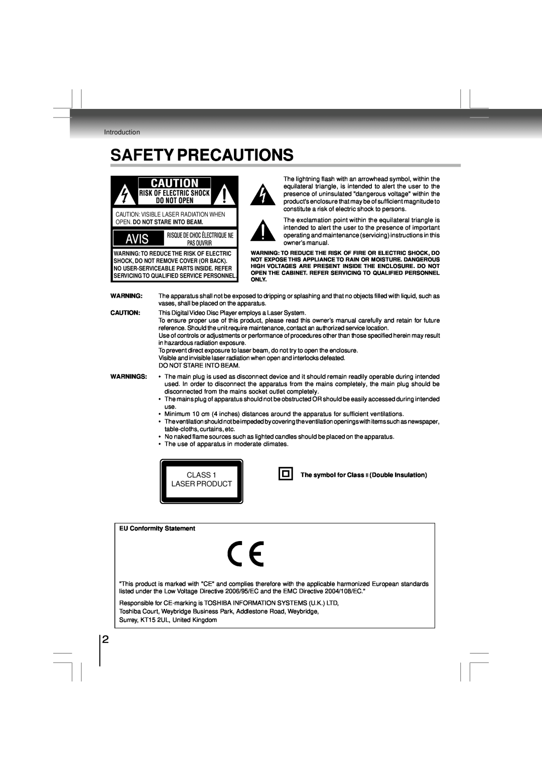 Toshiba SD-480EKE Safety Precautions, Class Laser Product, Avis, Warnings, The symbol for Class Double lnsulation 