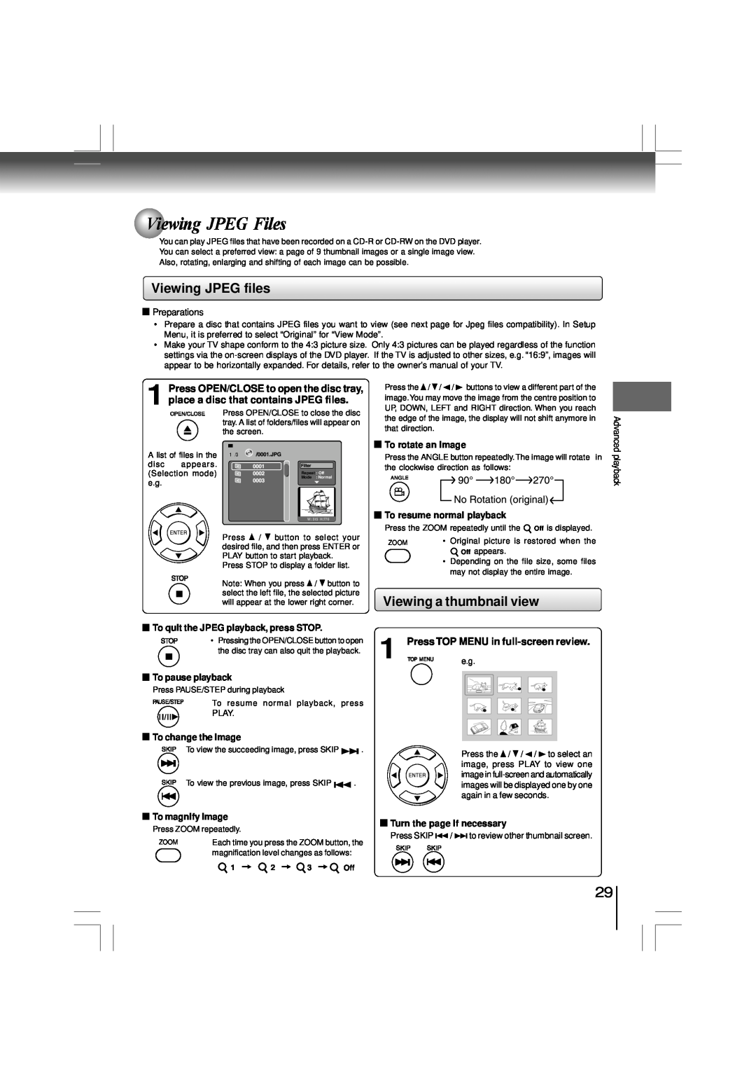 Toshiba SD-480EKE Viewing JPEG Files, Viewing JPEG files, Viewing a thumbnail view, To rotate an image, To pause playback 