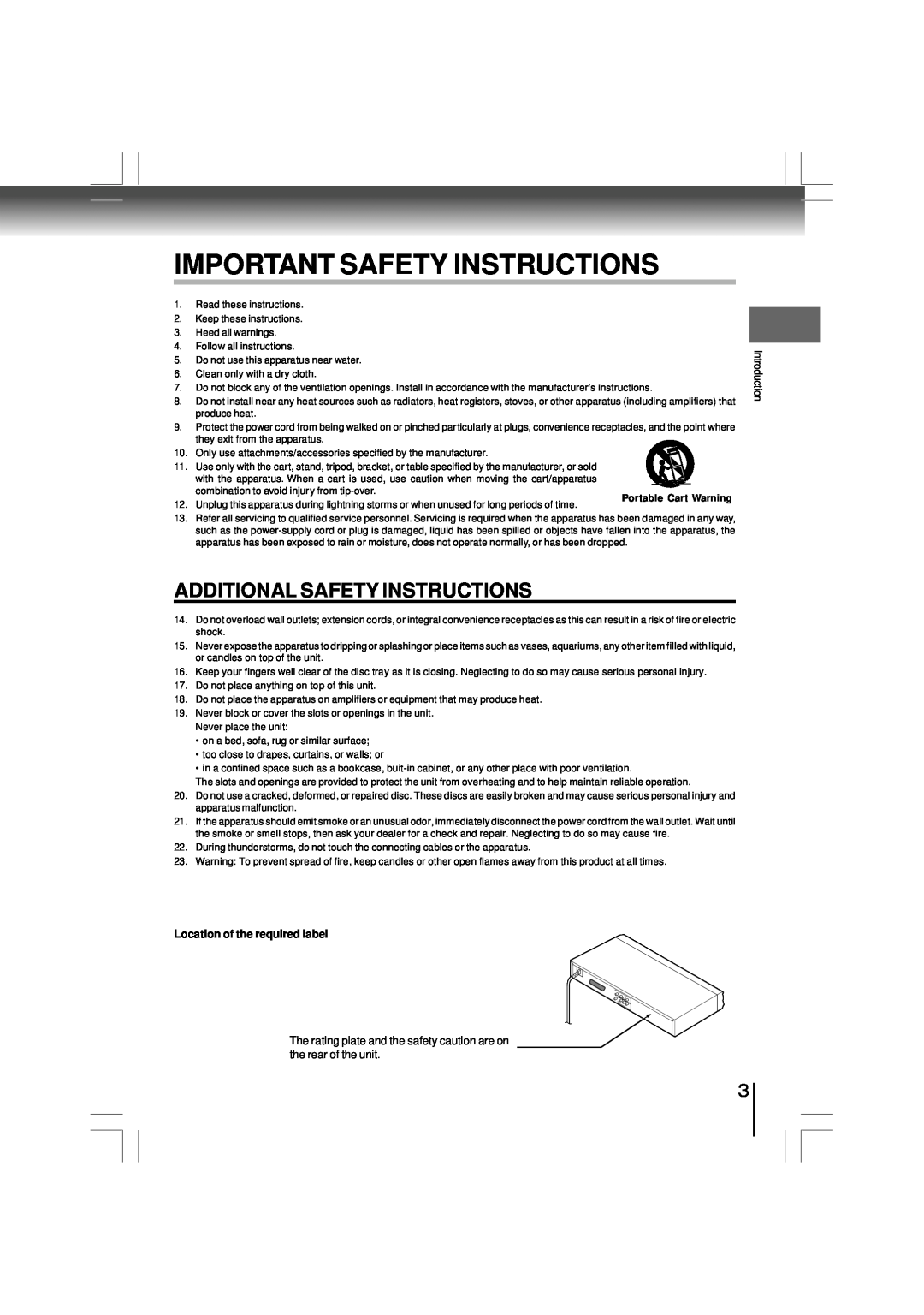 Toshiba SD-480EKE Important Safety Instructions, Additional Safety Instructions, Location of the required label 
