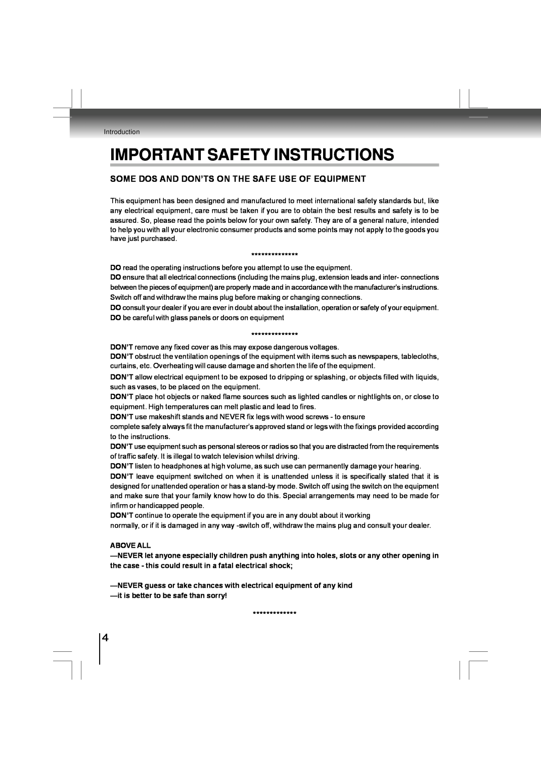 Toshiba SD-480EKE owner manual Important Safety Instructions, Some Dos And Don’Ts On The Safe Use Of Equipment 