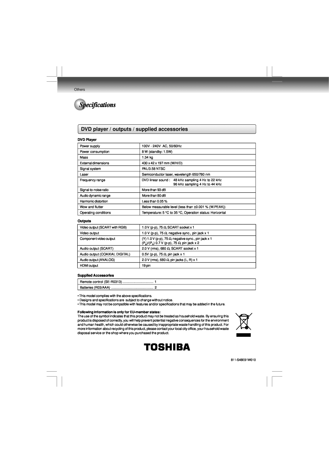 Toshiba SD-480EKE Specifications, DVD player / outputs / supplied accessories, DVD Player, Outputs, Supplied Accessories 