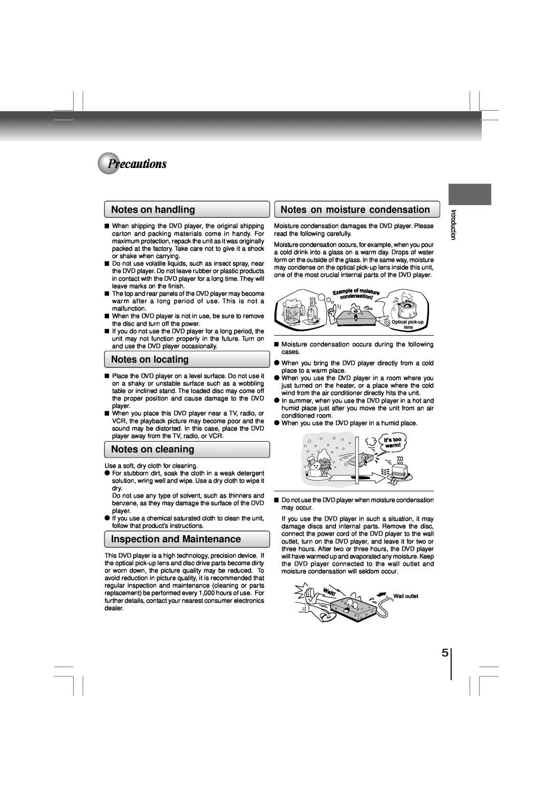 Toshiba SD-480EKE Precautions, Notes on handling, Notes on locating, Notes on cleaning, Inspection and Maintenance 