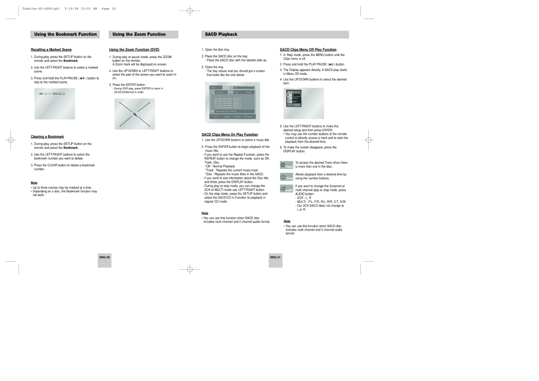 Toshiba SD-4960SU Recalling a Marked Scene, Using the Zoom Function DVD, Sacd Clips Menu Off Play Function 