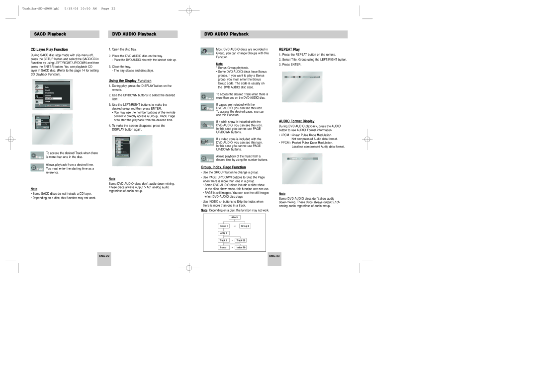 Toshiba SD-4960SU instruction manual Sacd Playback DVD Audio Playback 