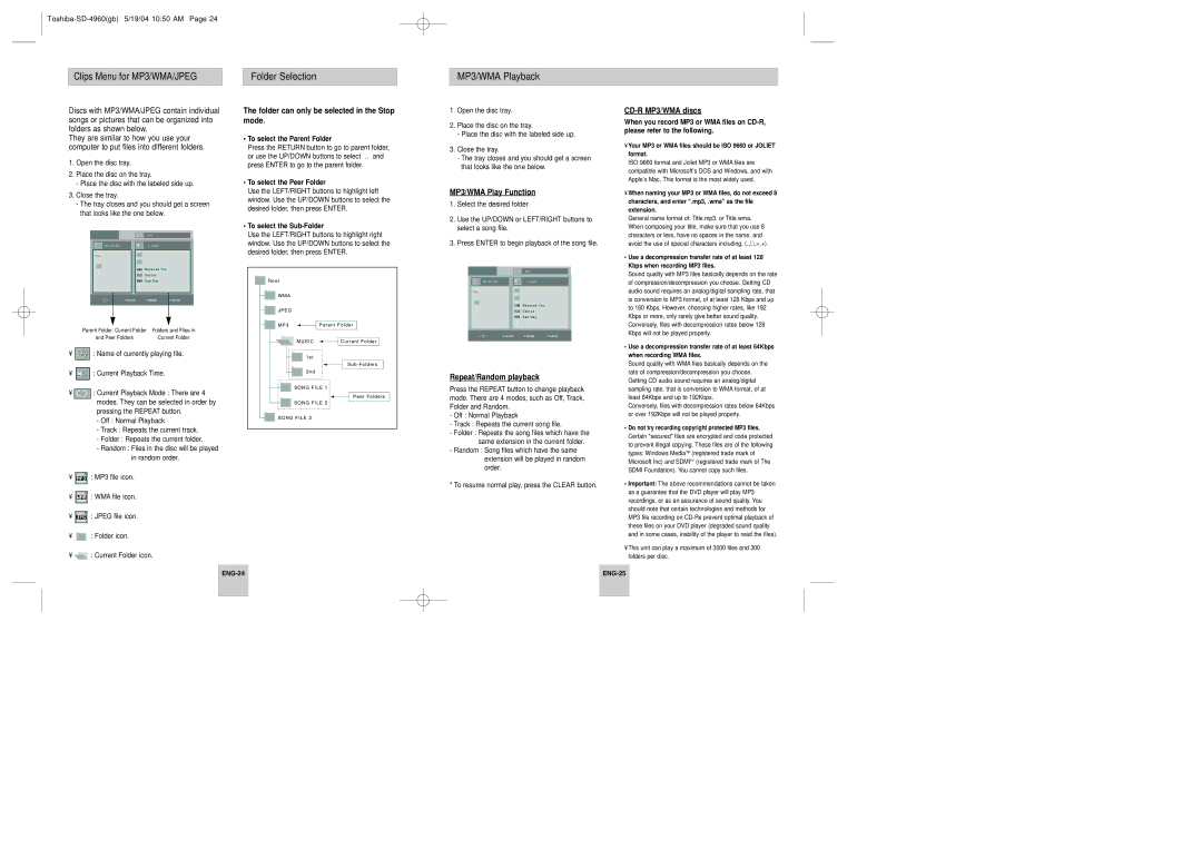 Toshiba SD-4960SU instruction manual Folder Selection MP3/WMA Playback, Mode, MP3/WMA Play Function, Repeat/Random playback 