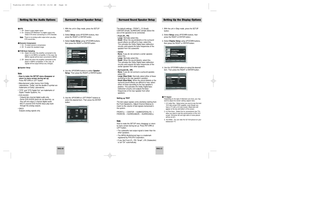 Toshiba SD-4960SU instruction manual Setting Up the Display Options, Front FL, FR, Center, Surround SL, SR, Setting up Test 