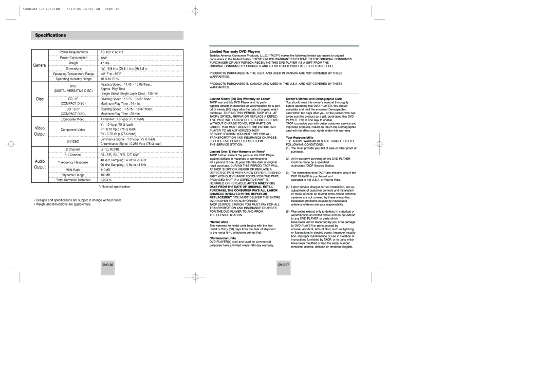 Toshiba SD-4960SU instruction manual Specifications 