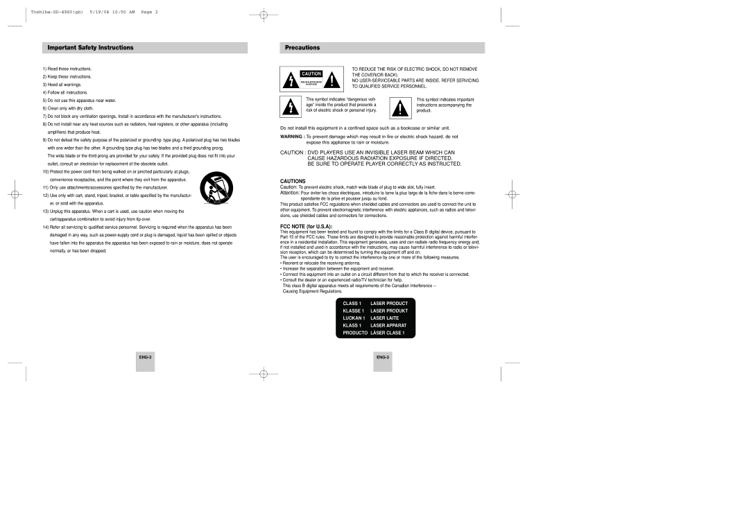 Toshiba SD-4960SU instruction manual Important Safety Instructions, Precautions, FCC Note for U.S.A 