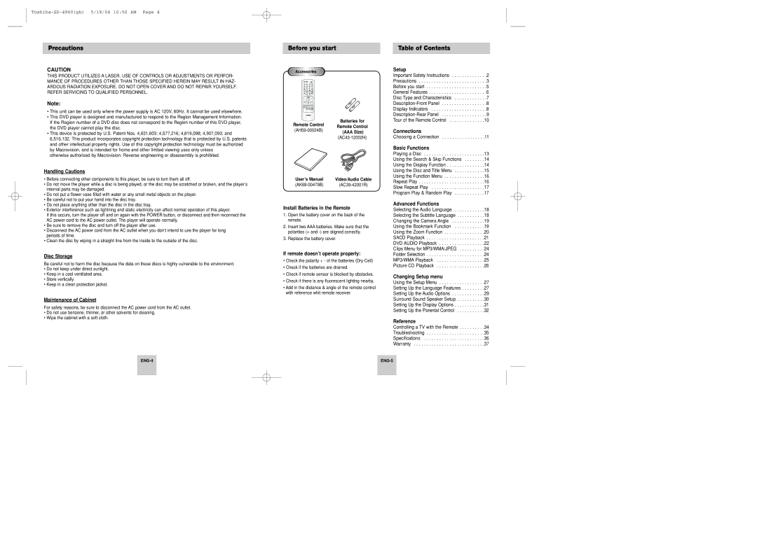 Toshiba SD-4960SU instruction manual Before you start, Table of Contents 