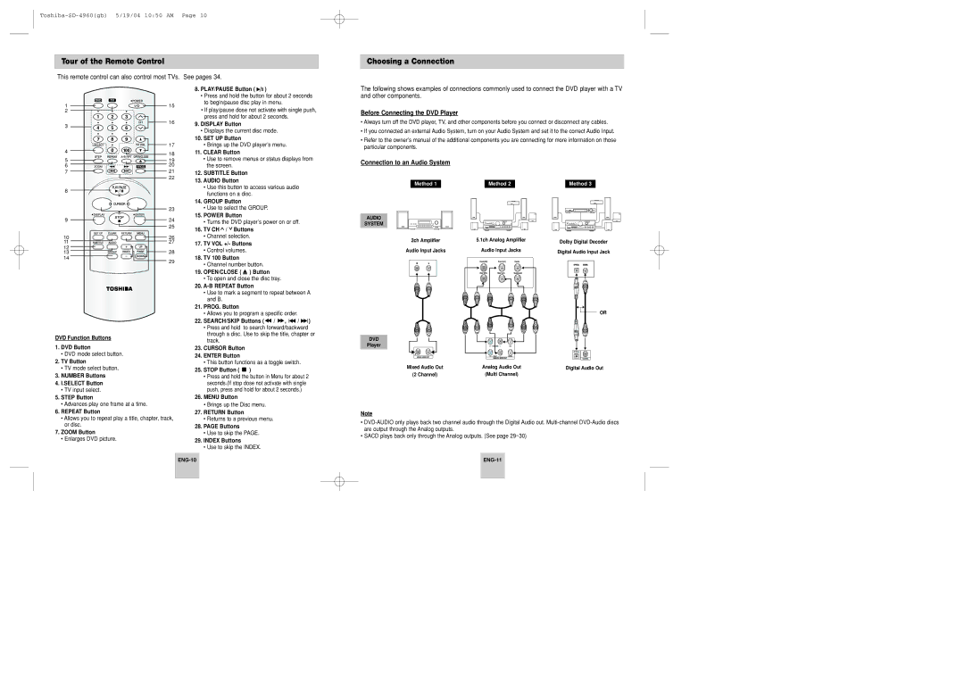 Toshiba SD-4960SU instruction manual Tour of the Remote Control, Choosing a Connection, Before Connecting the DVD Player 