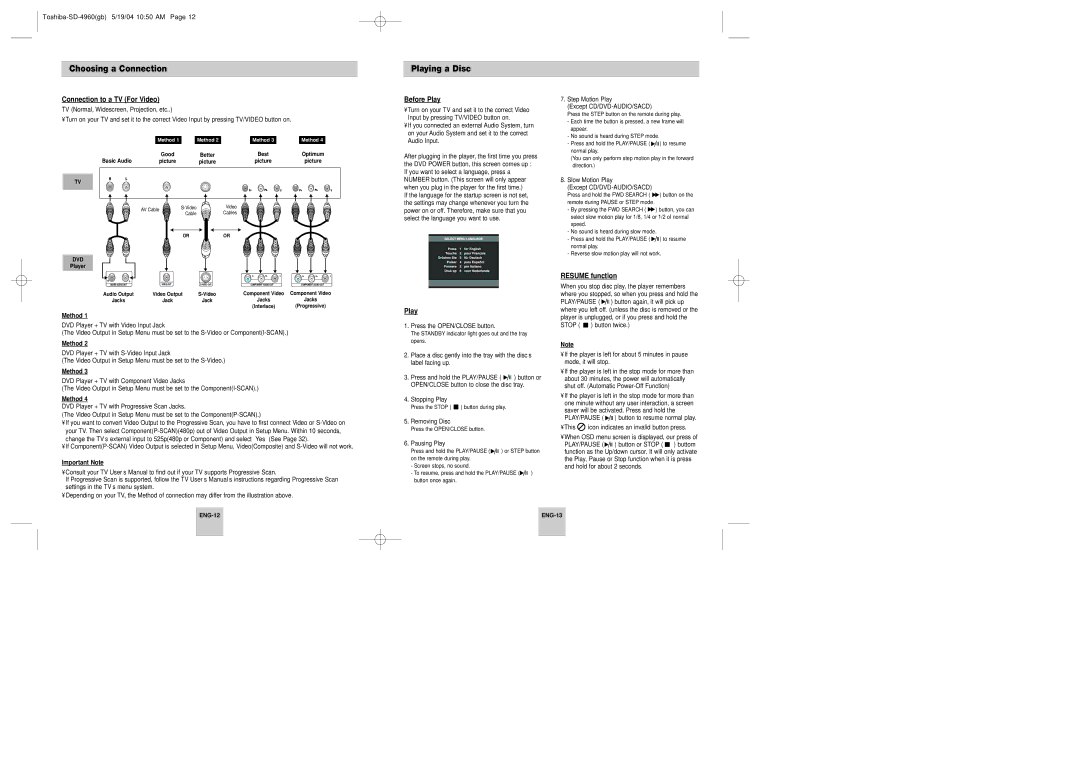 Toshiba SD-4960SU instruction manual Playing a Disc, Connection to a TV For Video, Before Play, Resume function 