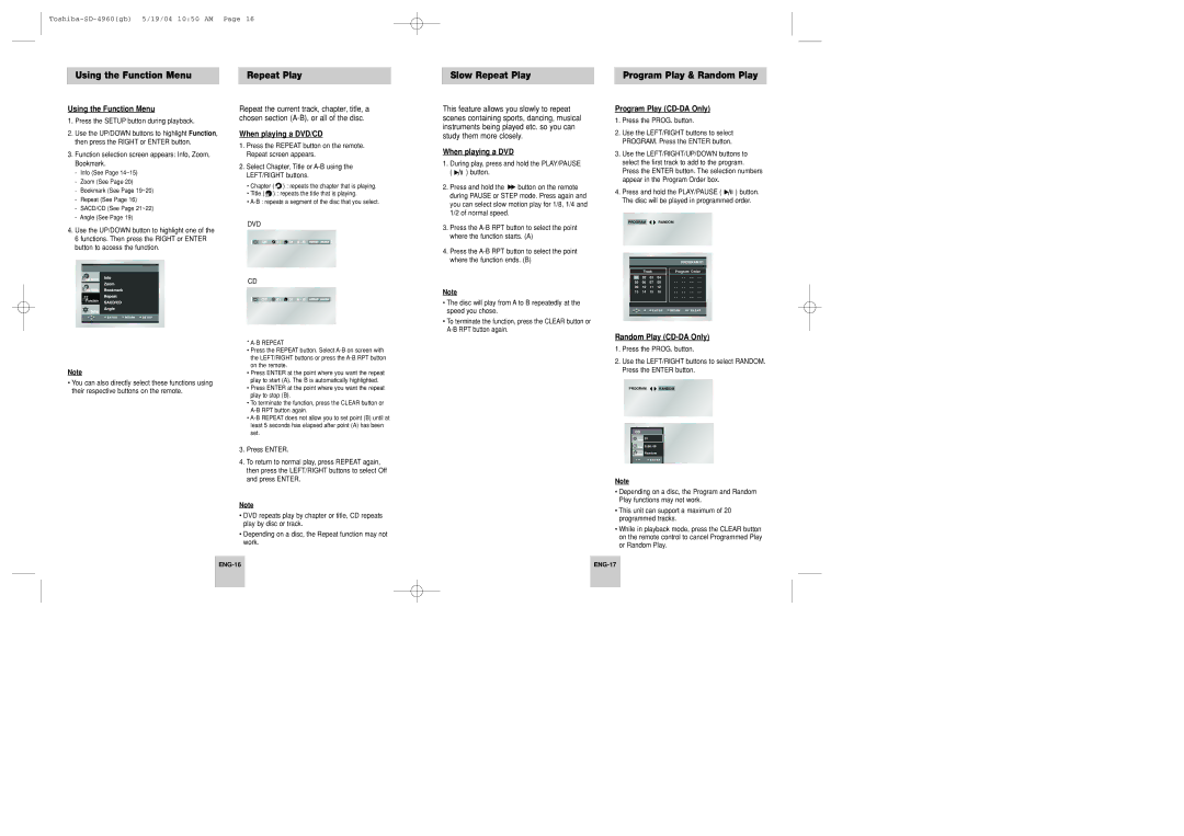 Toshiba SD-4960SU instruction manual Using the Function Menu, Slow Repeat Play, Program Play & Random Play 