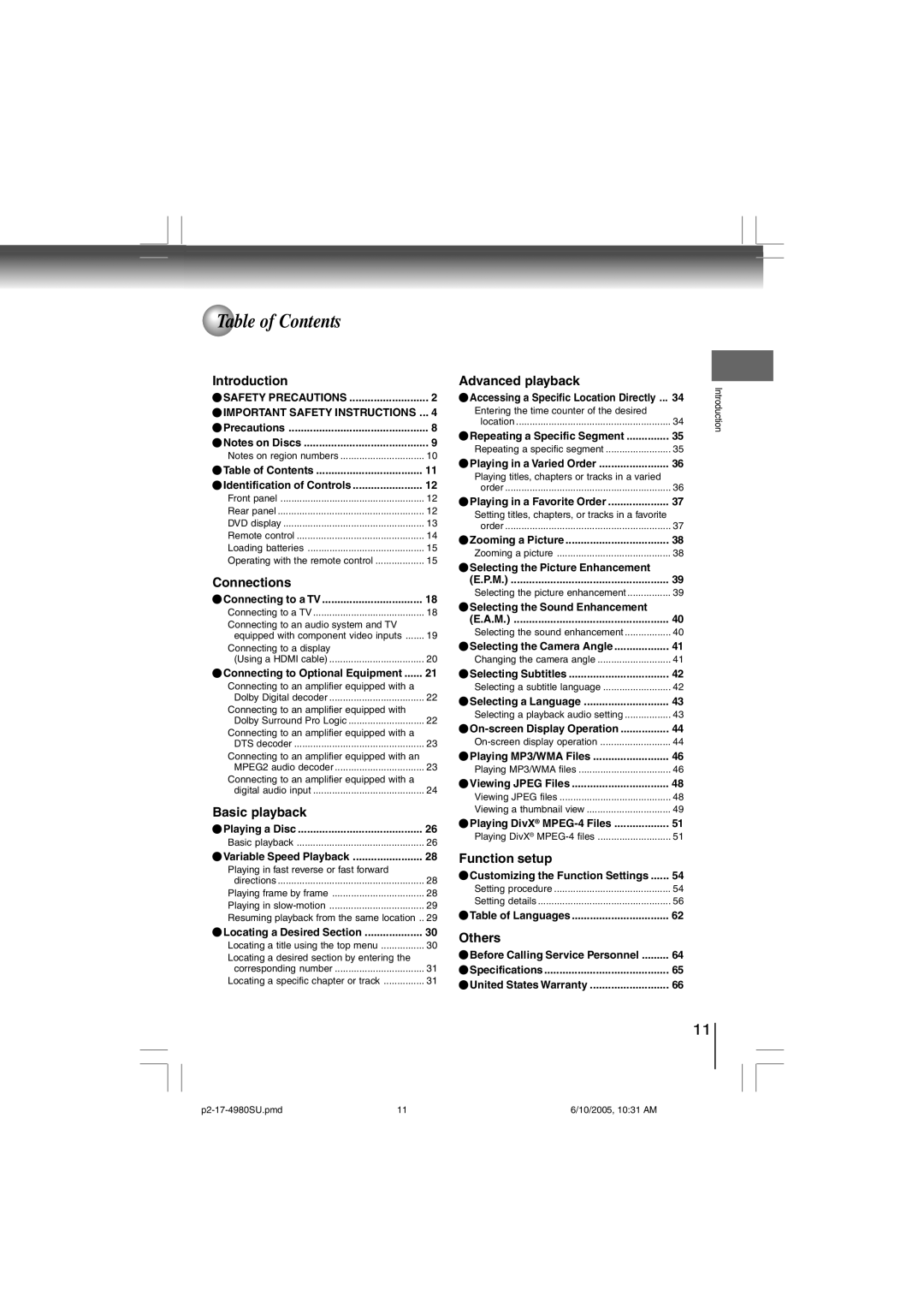 Toshiba SD-4980SU manual Table of Contents 