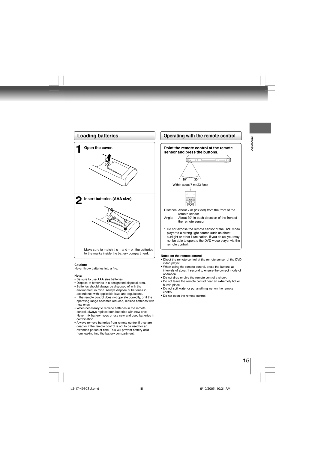 Toshiba SD-4980SU manual Loading batteries, Operating with the remote control, Open the cover Insert batteries AAA size 