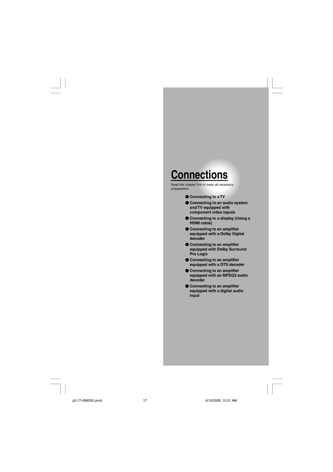 Toshiba SD-4980SU manual Connections 