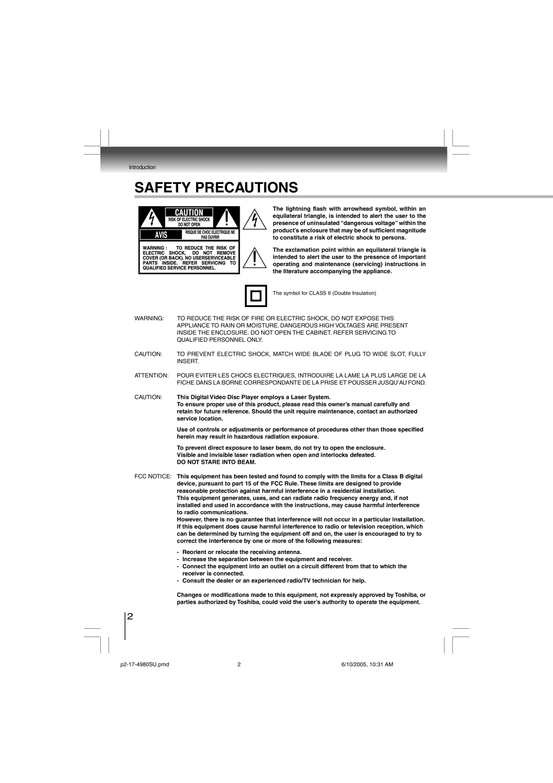 Toshiba SD-4980SU Lightning flash with arrowhead symbol, within an, Equilateral triangle, is intended to alert the user to 