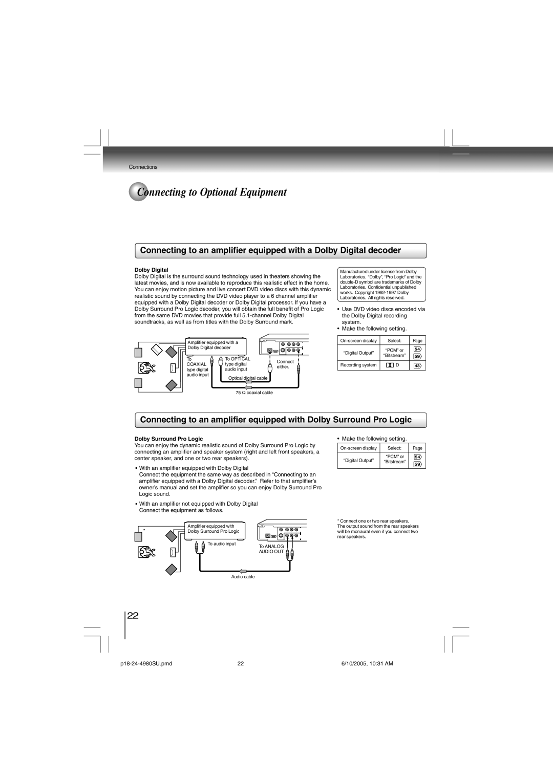 Toshiba SD-4980SU manual Dolby Digital, Dolby Surround Pro Logic 