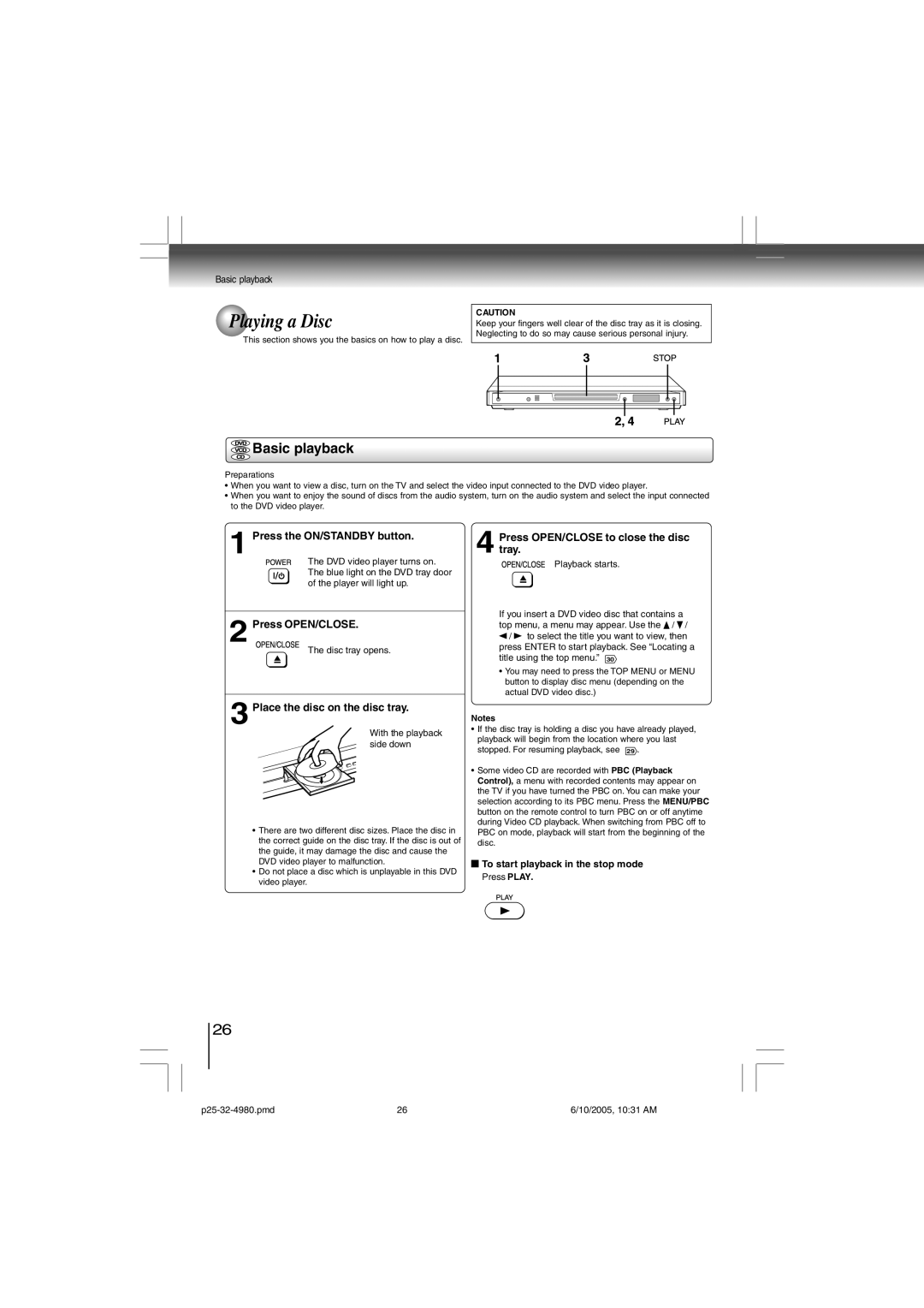 Toshiba SD-4980SU manual Playing a Disc, Basic playback 