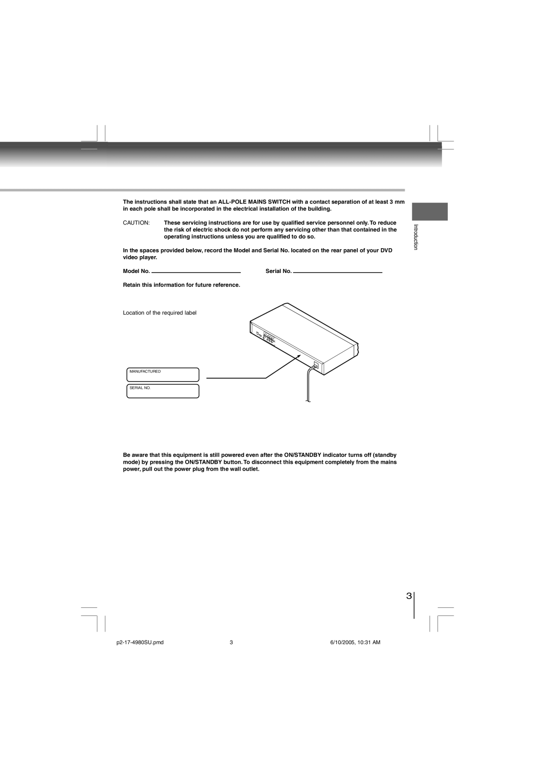 Toshiba SD-4980SU manual Introduction Location of the required label 