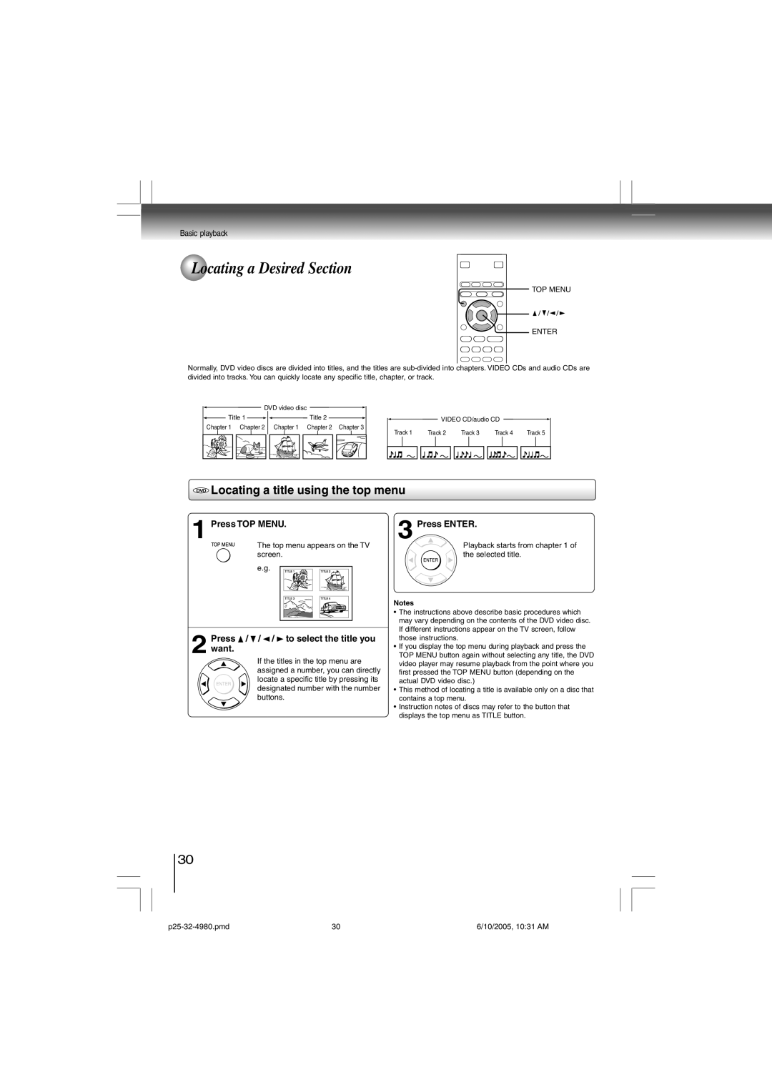 Toshiba SD-4980SU manual Locating a Desired Section, DVD Locating a title using the top menu, Press TOP Menu, Press Enter 