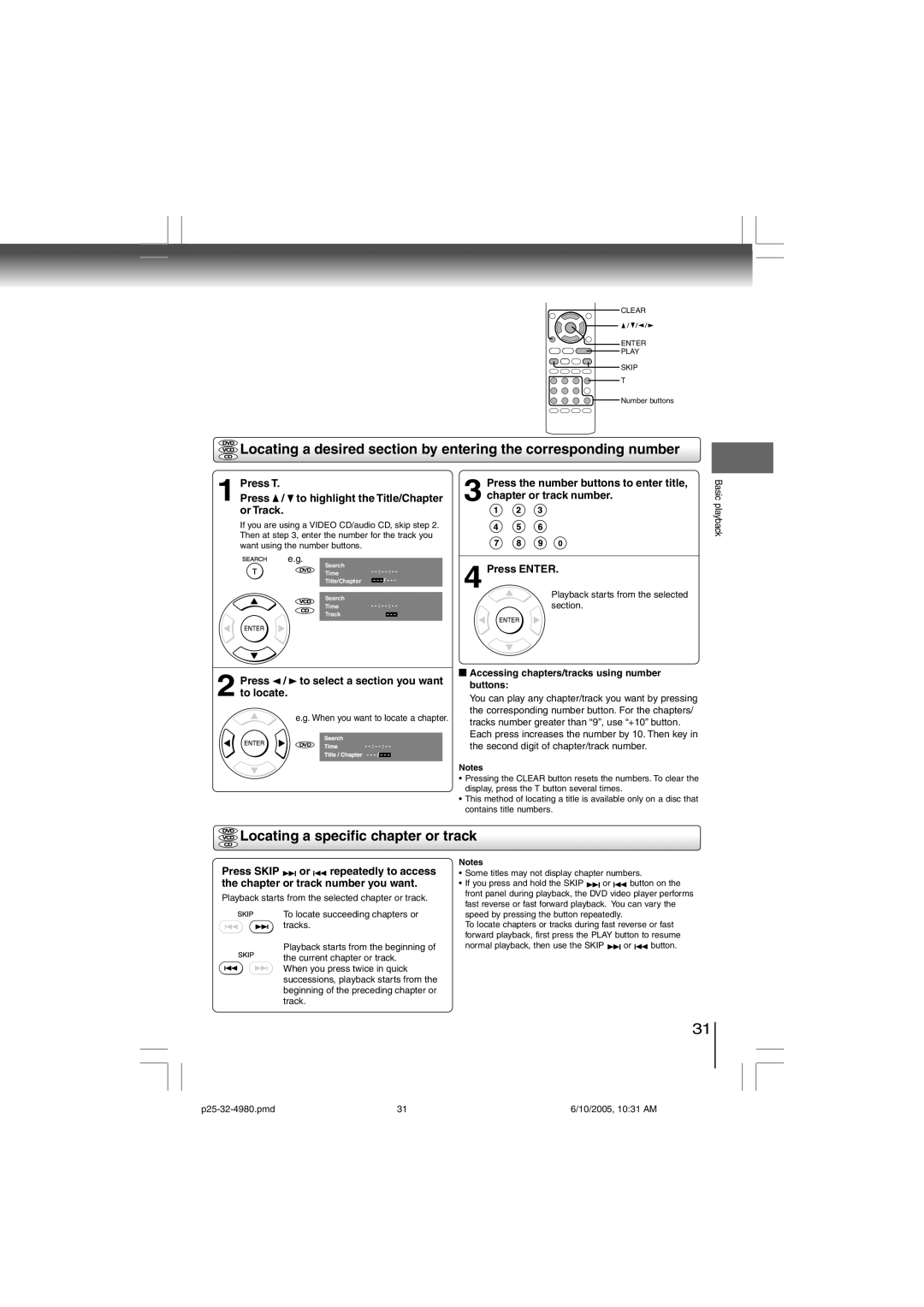 Toshiba SD-4980SU manual Locating a specific chapter or track, Press T Press / to highlight the Title/Chapter or Track 