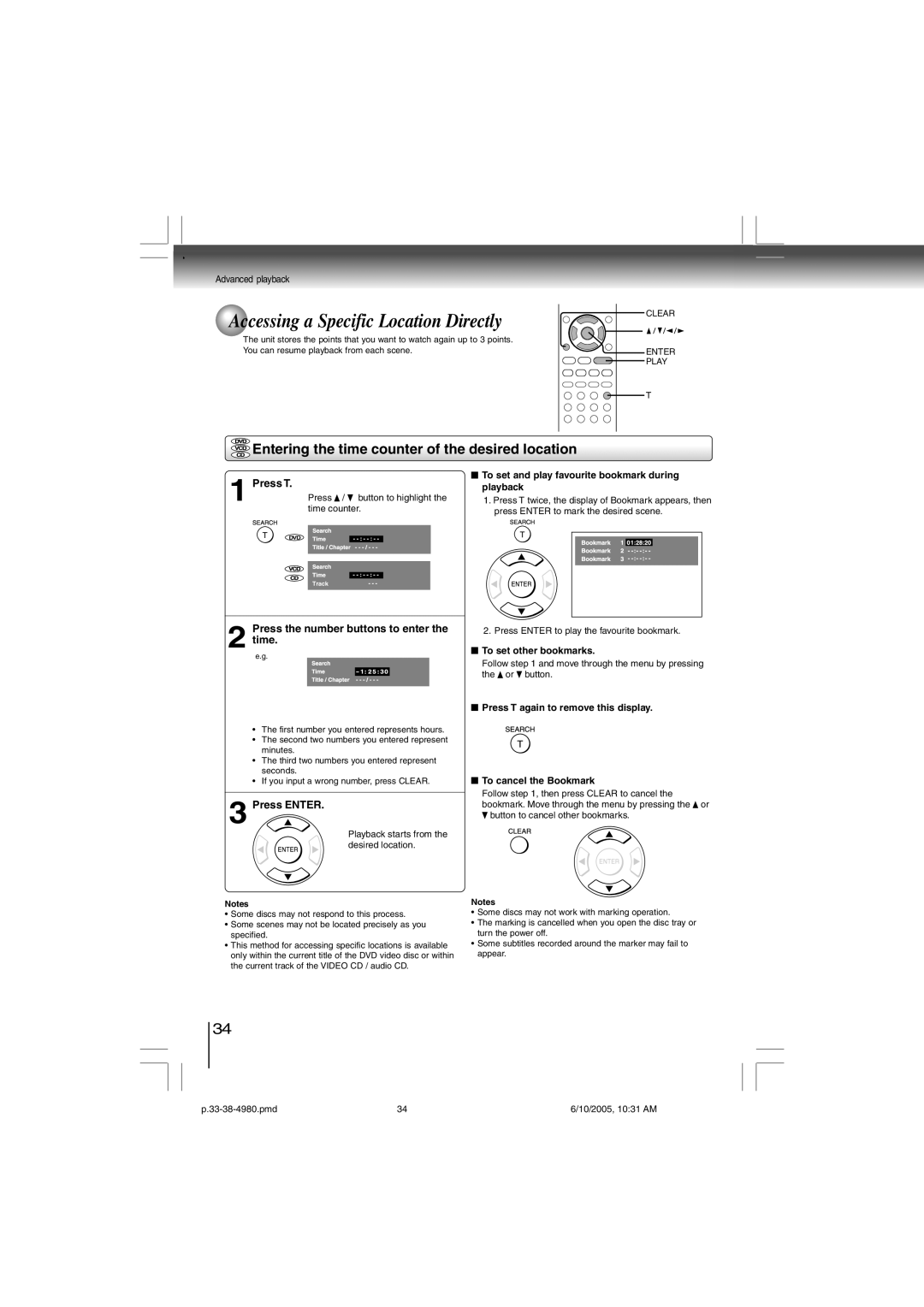 Toshiba SD-4980SU manual Accessing a Specific Location Directly, Entering the time counter of the desired location, Press T 