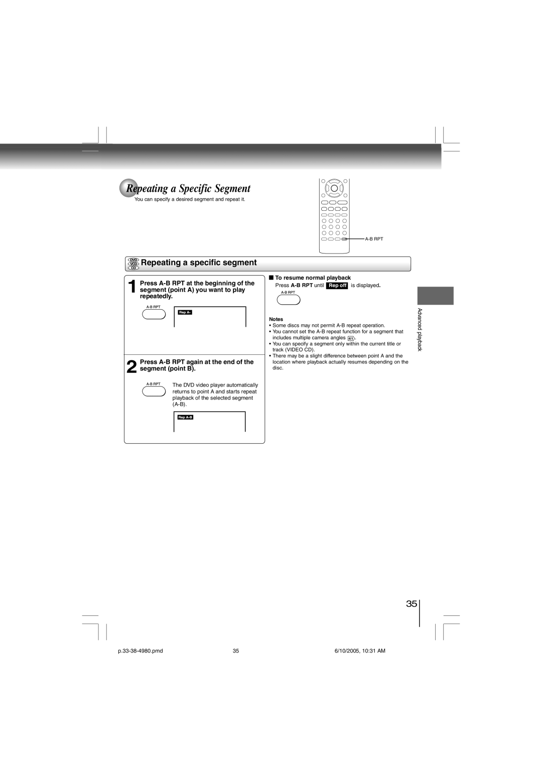 Toshiba SD-4980SU manual Repeating a Specific Segment, Repeating a specific segment, Press A-B RPT until, Is displayed 