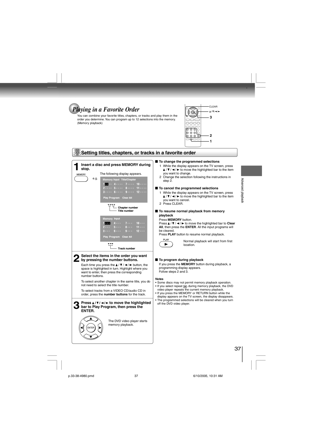 Toshiba SD-4980SU manual Playing in a Favorite Order, Setting titles, chapters, or tracks in a favorite order 