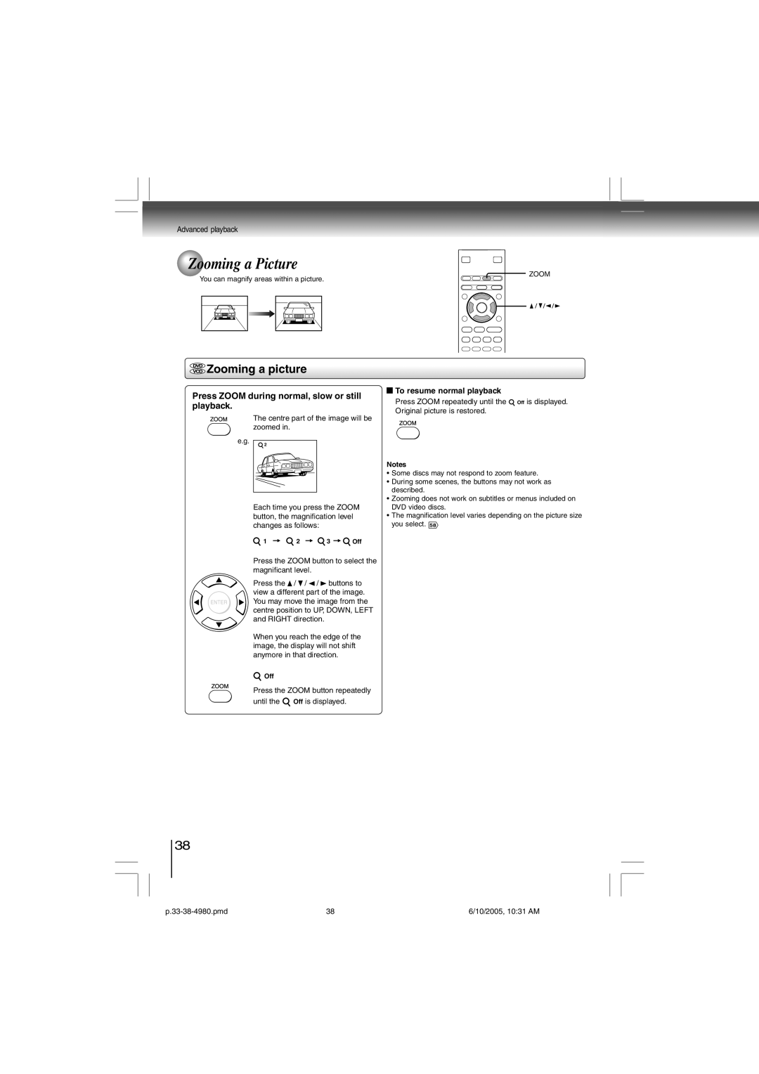 Toshiba SD-4980SU manual Zooming a Picture, Zooming a picture, Press Zoom during normal, slow or still playback 