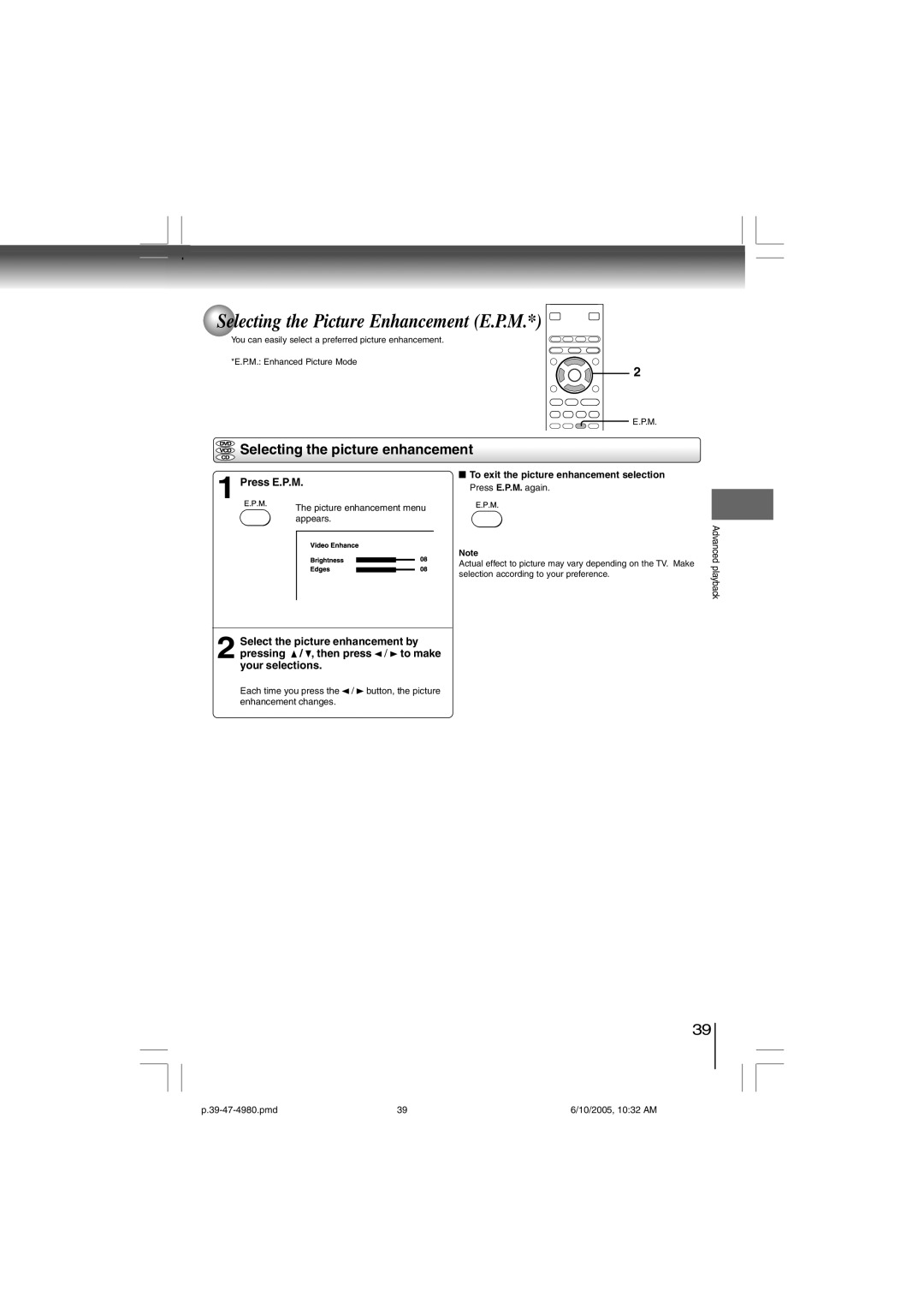 Toshiba SD-4980SU manual Selecting the Picture Enhancement E.P.M, Selecting the picture enhancement, Press E.P.M 