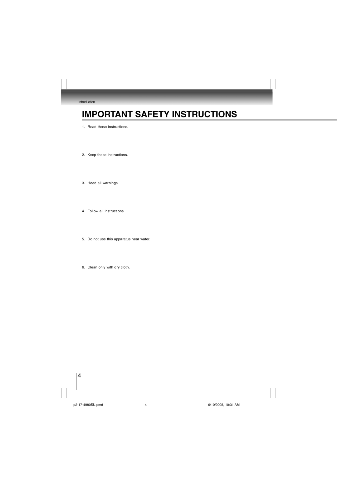 Toshiba SD-4980SU manual Important Safety Instructions 