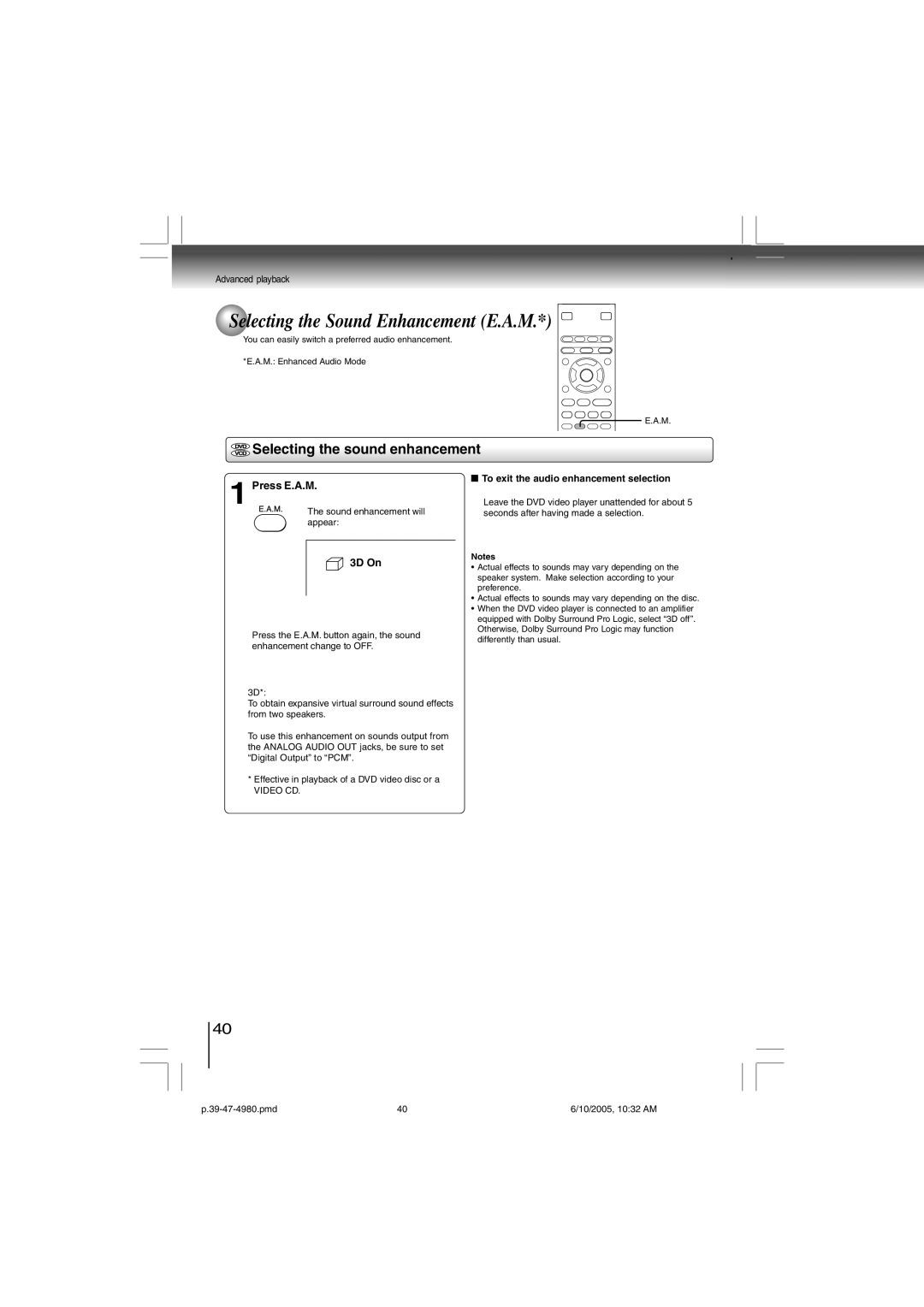 Toshiba SD-4980SU manual Selecting the Sound Enhancement E.A.M, Selecting the sound enhancement, Press E.A.M, 3D On 